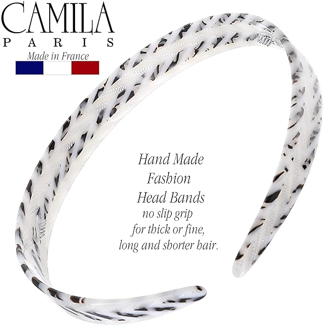 Camila Paris CP3468 French Headband for Women, Handmade White and Gray, Strong Hold Grip Women's Hair Band, Ligth and Very Flexible, No Slip Durable Styling Girls Hair Accessories, Made in France