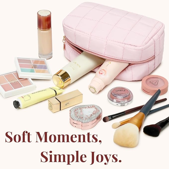 LOVELYWIND Makeup Bag, Quilted Puffy Travel Toiletry Bag with Compartments, Wide-Open Cosmetic Bag for Women, Pouch Purse Organizer, Pink