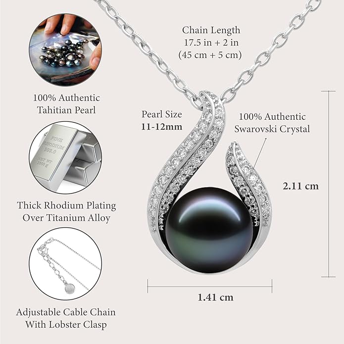 TRYNDI Real Tahitian Black Pearl Necklace Gifts for Women - Larger 11-12mm Luxury Pearl, Mothers Day Gifts For Wife - Christmas Valentines Soulmate Necklace For Women (Black Pearl Hook)