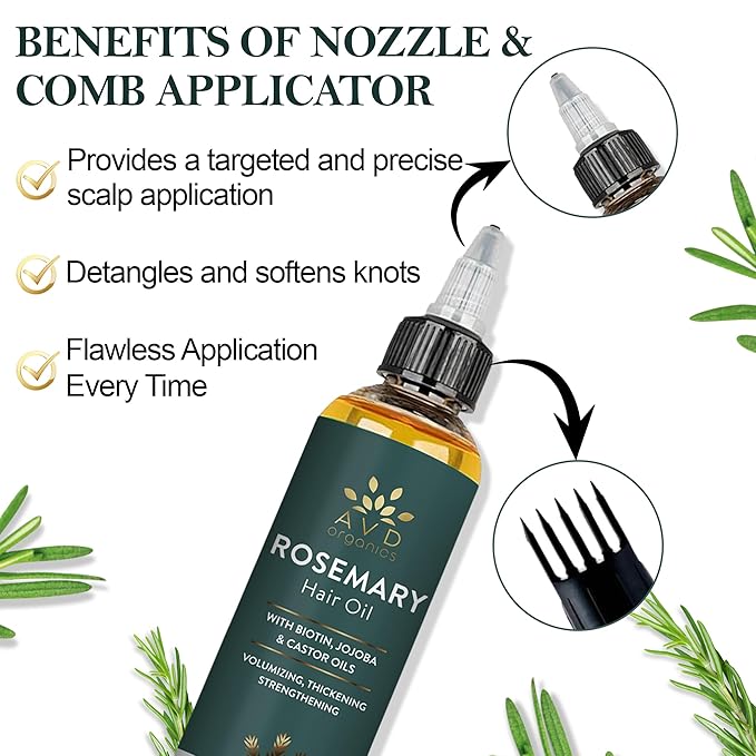 AVD ORGANICS Rosemary Oil for Hair Growth & scalp | Infused with Biotin | Hair Strengthening, Nourishing and Volumizing | infused with Jojoba & Castor Oil | NON - GMO 120ml
