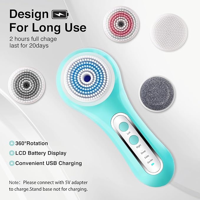 UMICKOO Electric Facial Cleansing Brush, 2-Way Rotating Face Scrubber for Daily & Deep Cleaning, 3 Modes, 5 Brush Heads, Rechargeable, IPX7 Waterproof for All Skin Types