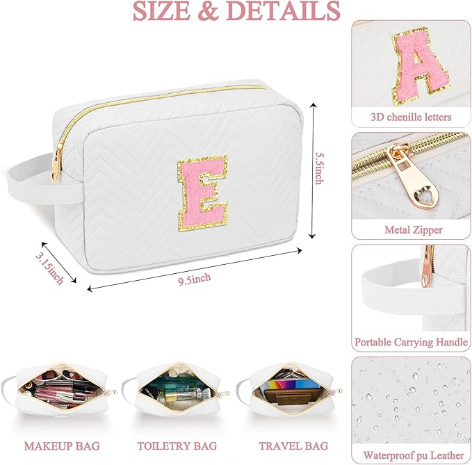 Personalized Initial Makeup Bag Trendy Stuff Leather Waterproof Cosmetic Bag Travel Toiletry Bag, Makeup Organizer Case Mother's Day/Birthday/Graduation Gifts for Women Girls Mom Girlfriend White.
