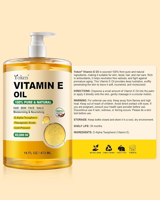 Yoken Vitamin E Oil for Skin 16 Oz Body Bath DIY oils for Face Cold Pressed
