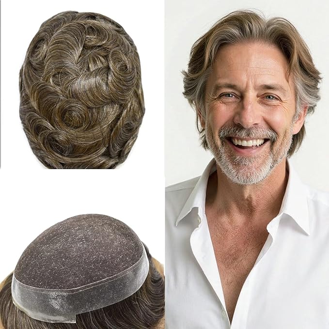 F M FACE MIRACLE NEW YORK Toupee for Men French Lace Human Hair Replacement Systems Lace Center with Poly Around Hair Piece Mens Toupee Hair Units for Man V-Looped Front Male Hair Units 6"X8" #530