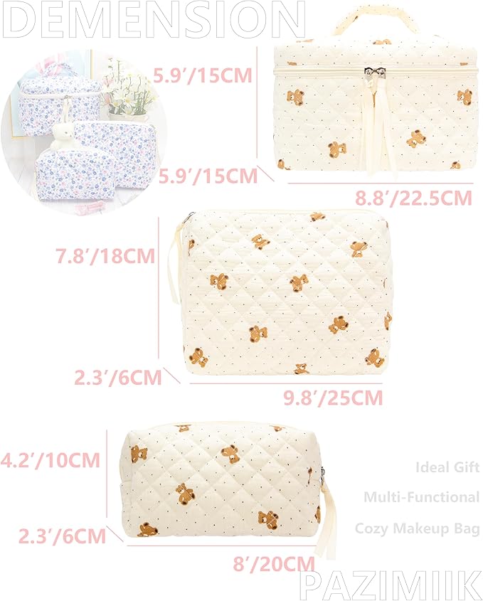 3 Piece Quilted Makeup Bag Set for Women,Cosmetic&Toiletry Bag,Gauze Bear