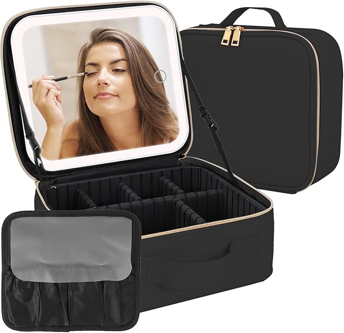 Comeacross Makeup Case with LED Mirror,Makeup Organizer Bag Travel Makeup Case Large Makeup Bag With Rechargeable Mirror 3 Color Lights Detachable Mirror for Women Beauty Tools Accessories（Black）