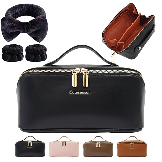 Cuteseason PU Leather Makeup Bag for Women, Structured Makeup Case with Wide Opening, Travel Cosmetic Bag with Compartments and Handle, Water-Resistant Makeup Organizer (Black Plain)