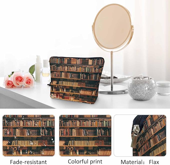 Kalygon Vintage Library Bookshelf Makeup Bag for Purse, Travel Toiletry Pouch, Cosmetic Organizer, Old Books Pattern Flax Pencil Case for Men and Women