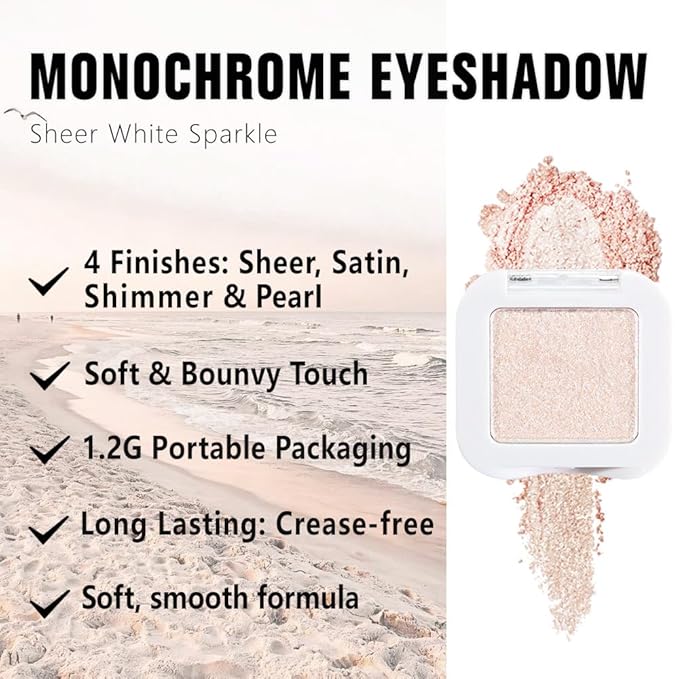 FeiCuiYun Glittler Single Eye Shadow Palette Makeup, Sheer White Sparkle Shimmer Monochrome Eyeshadow For Older Women, Pigmented Waterproof Sombras Para Ojos, Vegan, Talc, Paraben & Cruelty Free, 02