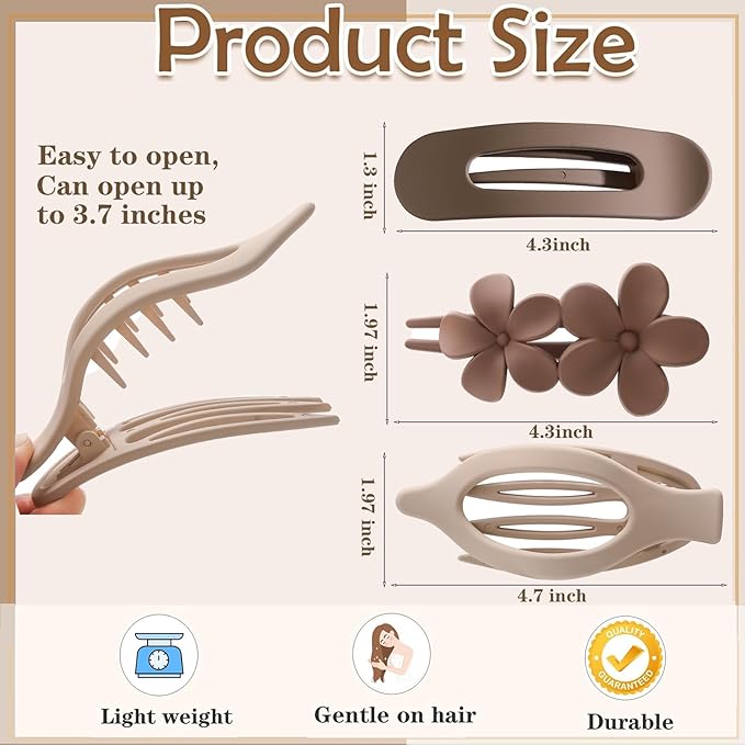 6 Pack Large Flat Claw Clips for Women, French Matte Non Slip Flat Hair Clips, 3 Styles Strong Hold Side Slide Barrettes for Thick Thin Fine Hair, Duckbill No Crease Hair Accessories (Black&White)