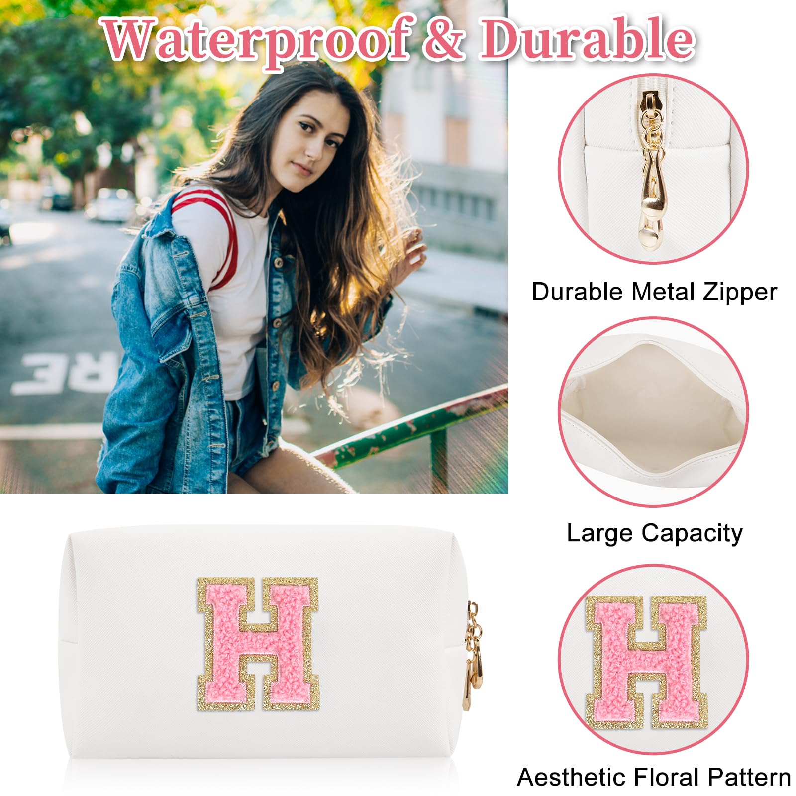 Iqimott Personalized Initial Letter Patch Makeup Bag, Preppy Portable Chenille Letter Cosmetic Bag with Zipper, PU Leather Waterproof Travel Toiletry Bag Monogram Make Up Pouch Girls(Letter H)