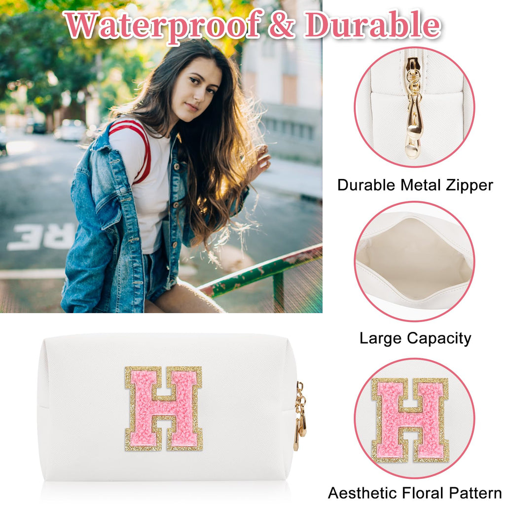Iqimott Personalized Initial Letter Patch Makeup Bag, Preppy Portable Chenille Letter Cosmetic Bag with Zipper, PU Leather Waterproof Travel Toiletry Bag Monogram Make Up Pouch Girls(Letter H)