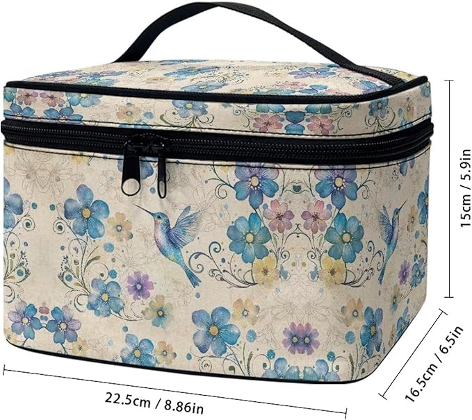 Drydeepin Blue Hummingbird Floral Pattern Travel Makeup Bags for Women Portable Tote Cosmetic Case with Carry Handle Toiletry Accessories Storage Organizer Bags