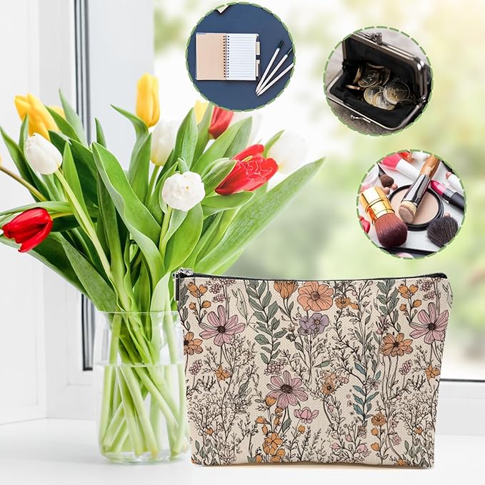 DHKG Vintage Wildflowers Makeup Bag Friend Friendship Gifts for Women Girls