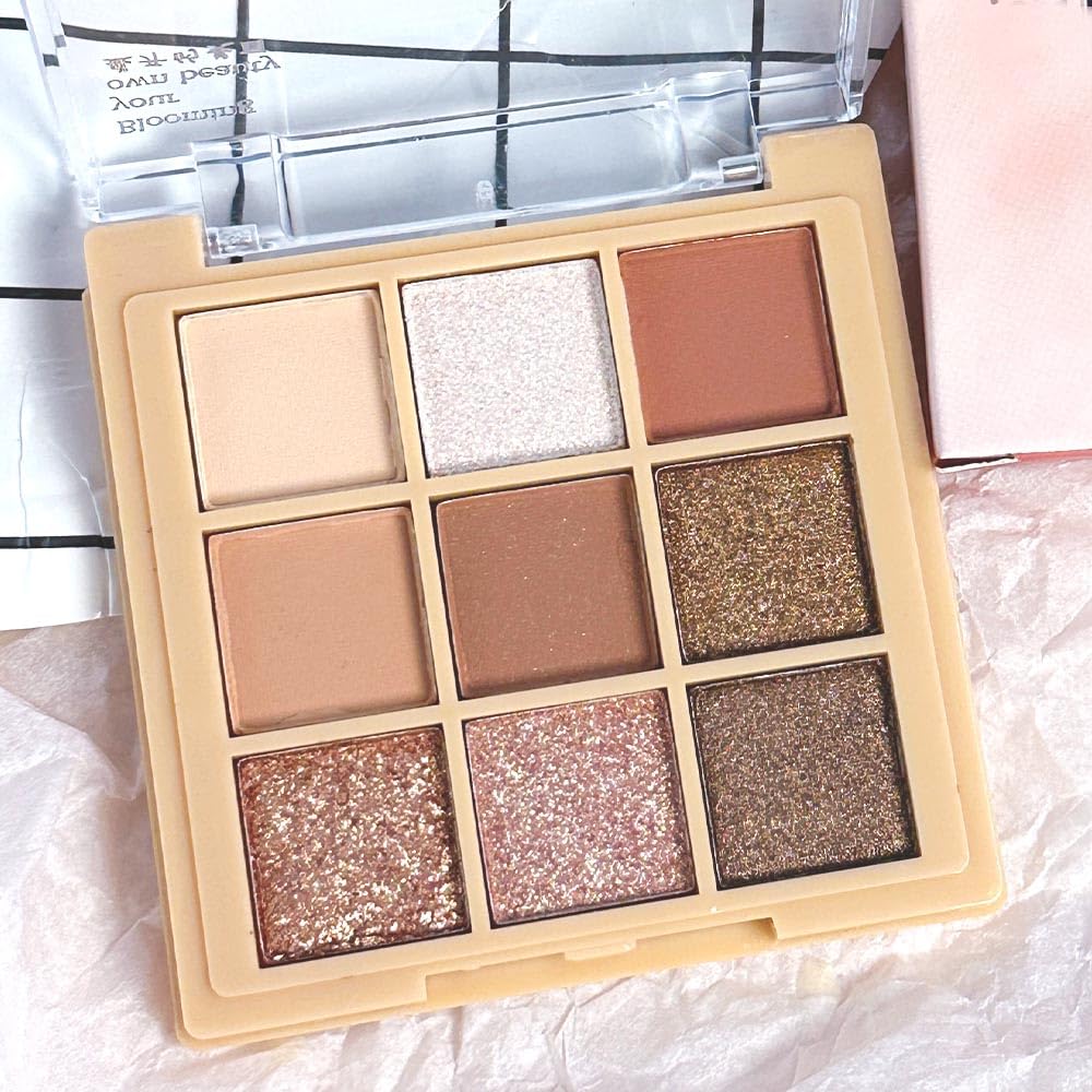 CAKAILA 9Colors Nude Champagne Gold Rose Brown Colorful Glitter Eyeshadow Palette Makeup,Korean Natural Neutral Rainbow Eyeshadow Palettes Naturing-Looking Long Lasting Waterproof Blendable