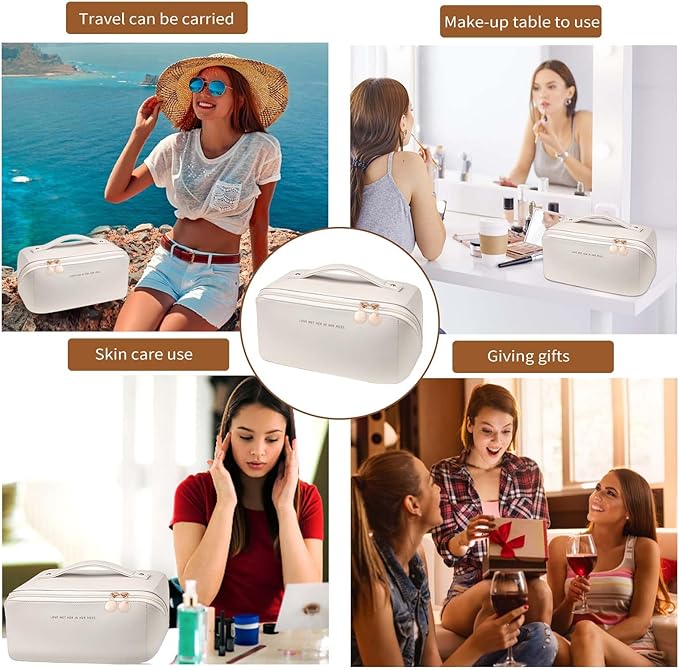 zaleeta Travel Makeup Bag, Large Capacity Cosmetic Organizer Bags for Women, Waterproof PU Leather Toiletry Bags, Wide Open Flat Makeup Case with Divider and Handle