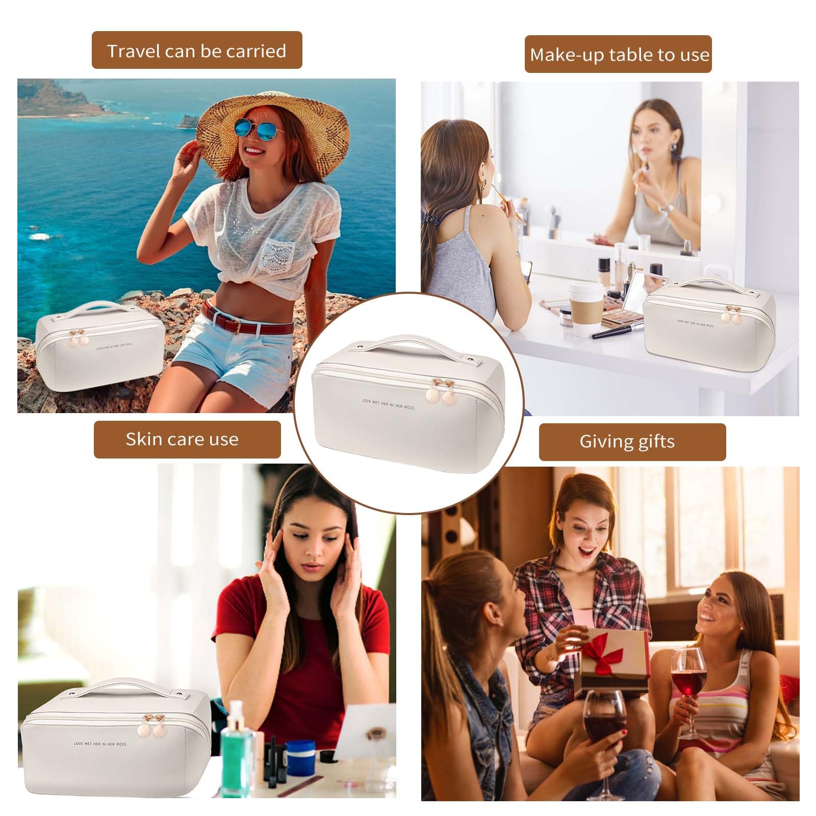 zaleeta Travel Makeup Bag, Large Capacity Cosmetic Organizer Bags for Women, Waterproof PU Leather Toiletry Bags, Wide Open Flat Makeup Case with Divider and Handle