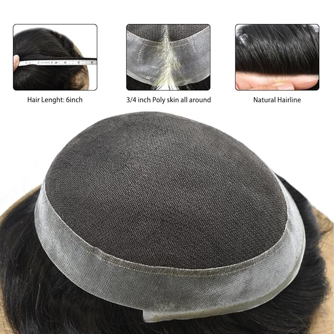 FACE MIRACLE Hair System for Men French Lace Mens Toupee Human Hair Replacement System Lace with PU Toupee for Men Male Hair Piece Wigs 7"X10" 1#JET BLACK