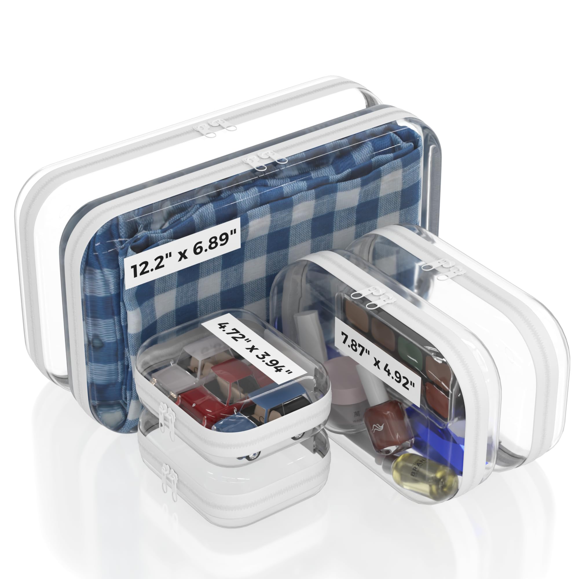 Extra Durable Mini Clear Hard Shell Zipper Case 6 Pack, 2x 12" Large, 2x 8" Medium, 2x 5" Small, Clear Travel Makeup Case, Hard Plastic Toiletry & Cosmetic Bag, Zippered Make Up Organizer Pouch