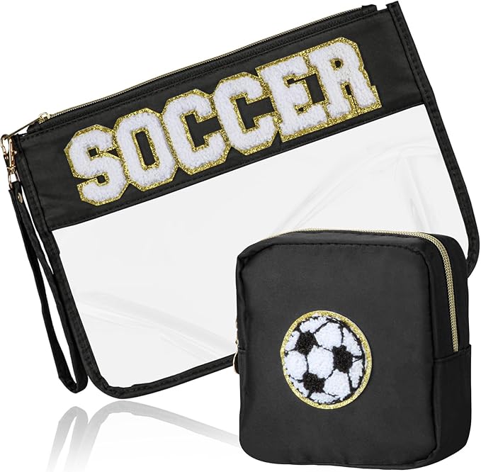BuyCard 2 Pcs Soccer Gifts Makeup Bag with Chenille Letter Patch, Clear Cosmetic Pouch PVC Organizer Purse, Waterproof Travel Bag, Portable Toiletry Storage Bag for Her Girls Friends Women