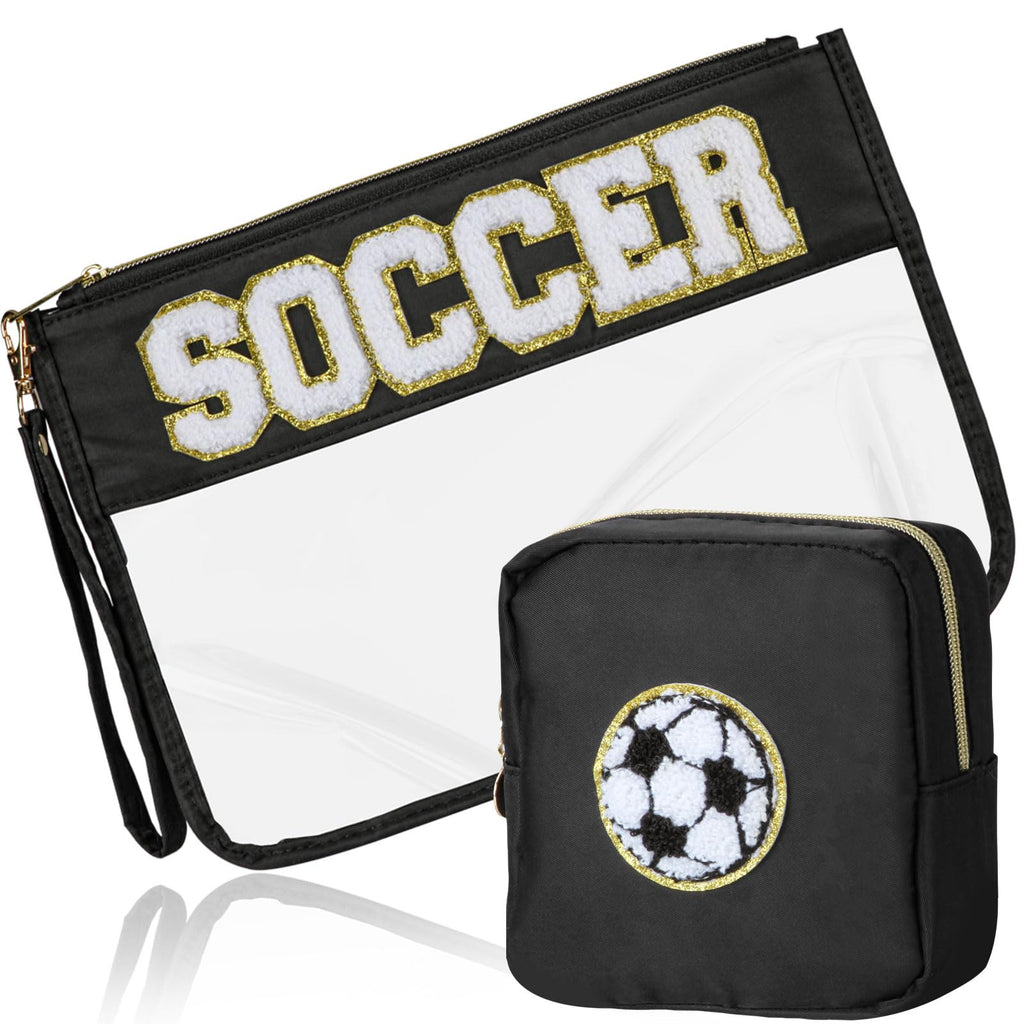 BuyCard 2 Pcs Soccer Gifts Makeup Bag with Chenille Letter Patch, Clear Cosmetic Pouch PVC Organizer Purse, Waterproof Travel Bag, Portable Toiletry Storage Bag for Her Girls Friends Women