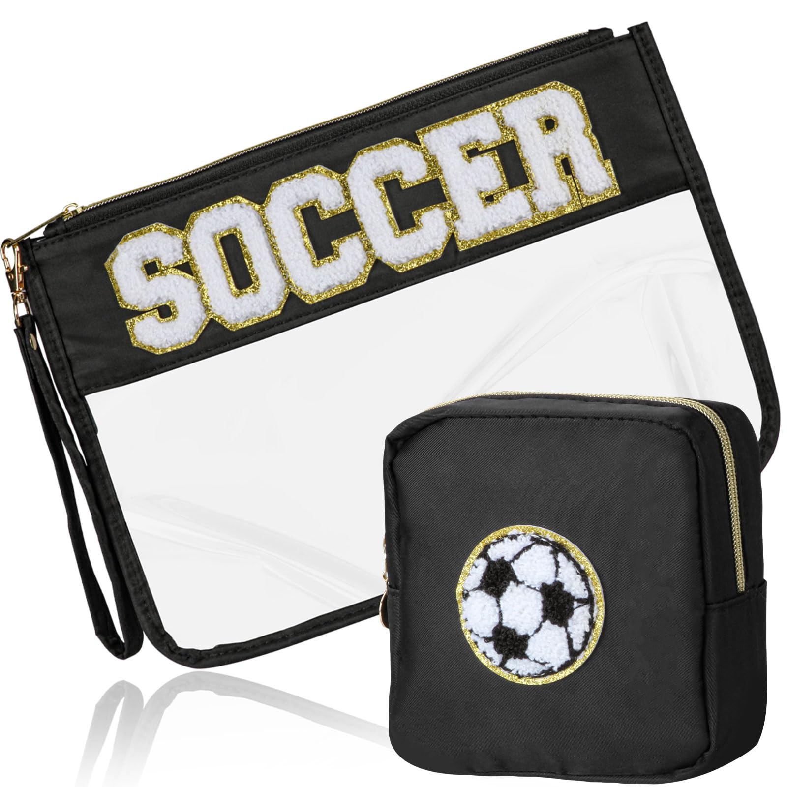 BuyCard 2 Pcs Soccer Gifts Makeup Bag with Chenille Letter Patch, Clear Cosmetic Pouch PVC Organizer Purse, Waterproof Travel Bag, Portable Toiletry Storage Bag for Her Girls Friends Women