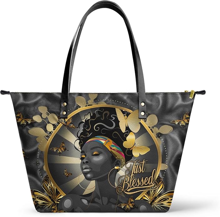 Afroyla African Black Women's Leather Tote Bag, Large Size, Premium Leather, Perfect Presents For Women (Barakaya, Premium Vegan Leather)