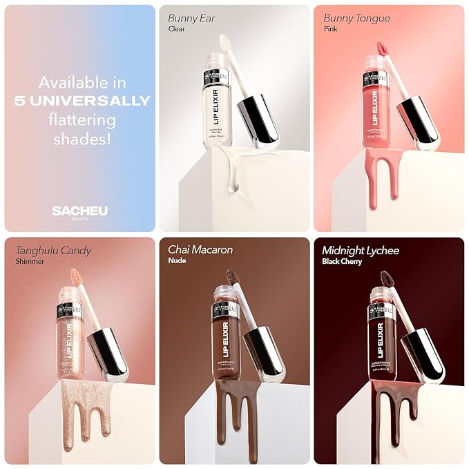 Sacheu Lip Elixir Hydrating Lip Gloss, High-Shine, Bunny Tongue (Pink)
