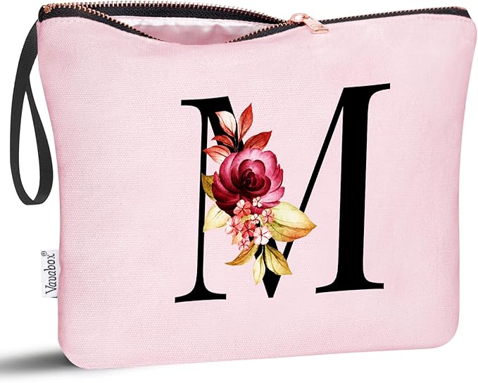 Vavabox A-Z Personalized Makeup Bag, Birthday Gifts for Women Mom, Gifts for Best Friend, Bride Bridesmaid Cosmetic bag (M, 06-Pink)