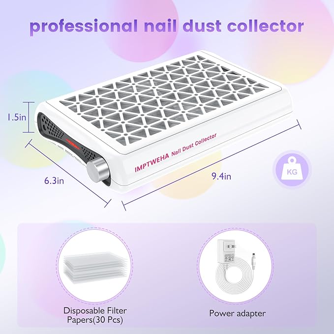 Nail Dust Collector. 1600PA Dust Collector Nail Tech.Nails Dust Collector Machine with LED Display 30 Filter Paper, Suitable for Nail Salons/Home Manicures Acrylic Nail Tools（White）
