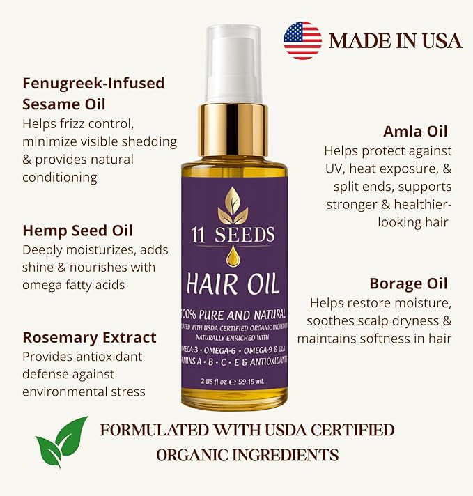 11 Seeds Organic Hair Oil for Frizz Control-Damaged Hair, Shine, Color Safe