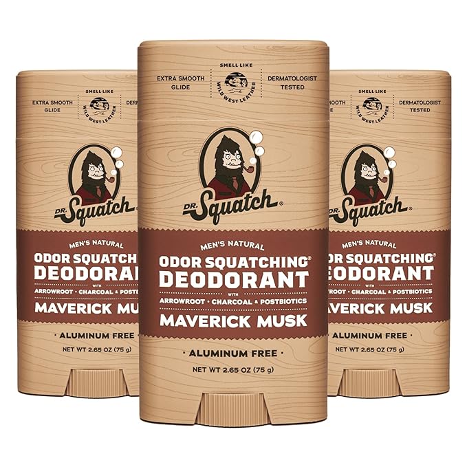 Dr. Squatch Natural Men’s Deodorant – Aluminum Free Natural Deodorant Men with Charcoal & Postbiotics for 72-Hour Odor Protection – Maverick Musk, 2.65oz Stick (3-Pack)