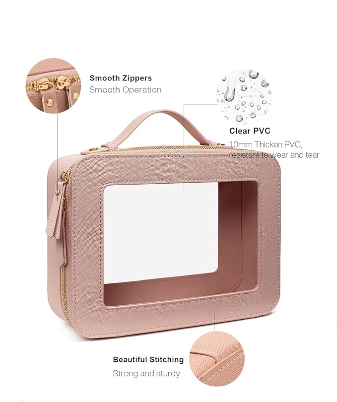 2Pcs Travel Clear Makeup Bag, Pink Mahjong Tile Bag Cosmetic Case with Zipper Portable Makeup Pouch Toiletry Bag Women Traveling Cosmetic Organizer Storage Bag Car Organizer Car Essentials for Women