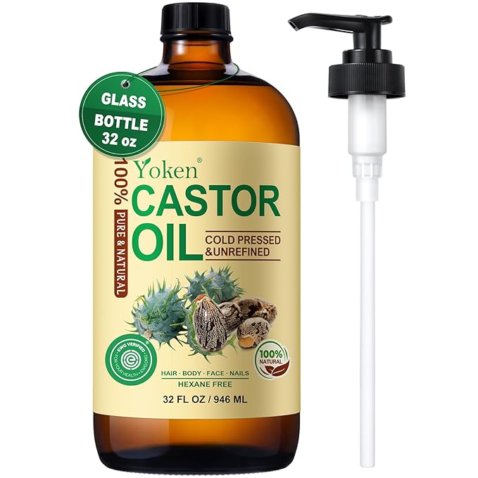 Yoken EWG Organic Castor Oil 32oz with Pump, Cold Pressed Hexane Free