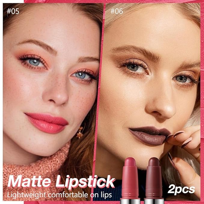 JUAAZIN 2Pcs Matte Lipstick Lip Liner Pencil Crayon - High Pigment Creamy Formula, Waterproof Long Lasting, Non-Sticklipstick, Ultra Thin Lightweight Velvet Matte Lip Feel for Women 05#+06#