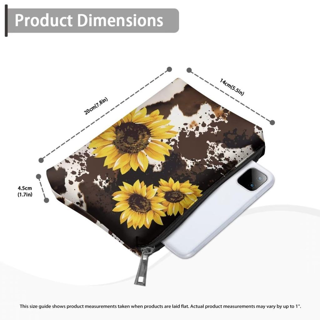 COEQINE Sunflower Cosmetic Bag for Women Leather Soft Cosmetic Bag With Black Cosmetic Purse for Travel Birthday Party Cow Print Cosmetic Purse With Zipper for Ladies Cell Phone Purse