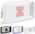 UIXIZQ Personalized Initial Letter Clear Makeup Bag,Preppy Small Nylon&PVC Cosmetic Zipper Bag with Chenille Letter,Travel Skincare Toiletry Bag,Monogram Christmas Gift for Teen Girls Women,Z