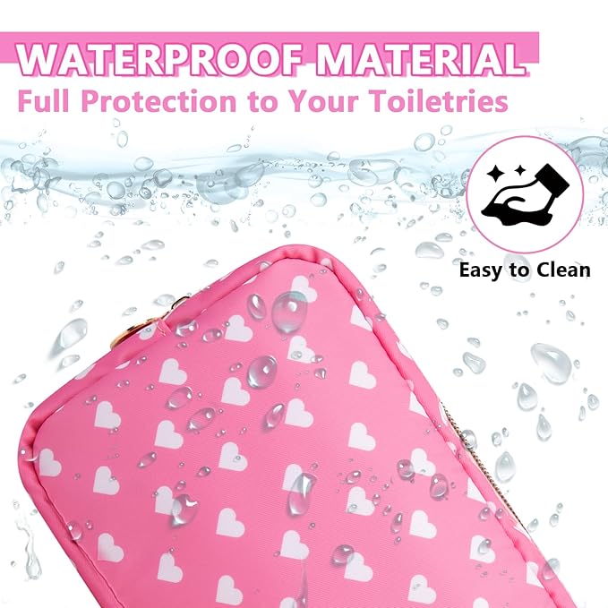 UIXIZQ Small Makeup Pouch for Purse，Nylon Travel Toiletry Storage Cute Preppy Cosmetic Bag for Women Girls，Waterproof Makeup Organizer Pouch Skincare Purse with Zipper (Small-Pink Heart)