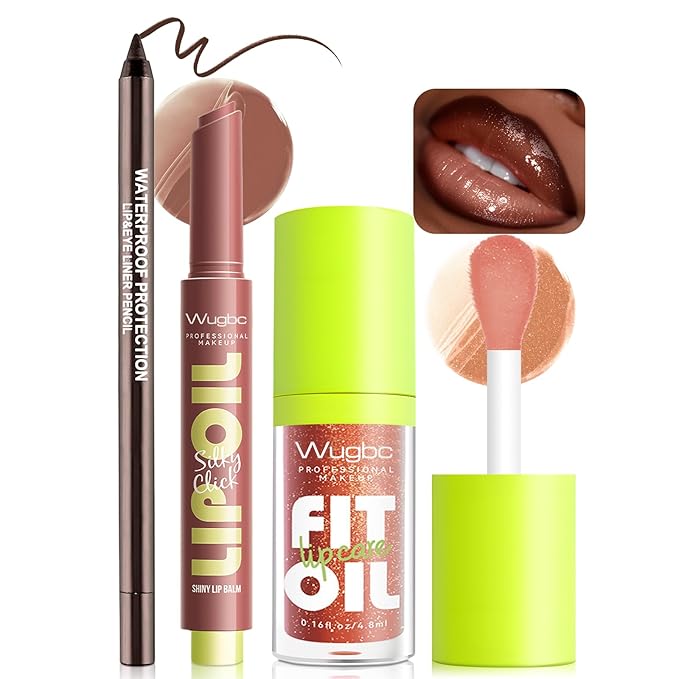 Wugbc Brown Lip Liner & Lip Gloss Set Moisturizing Lip Kit, Smooth Dark Brown Lip Liner Pencil Hydrating Lip Tint Non Sticky Click Lip Balm Lightweight Long Lasting Daily Lip Care for Women