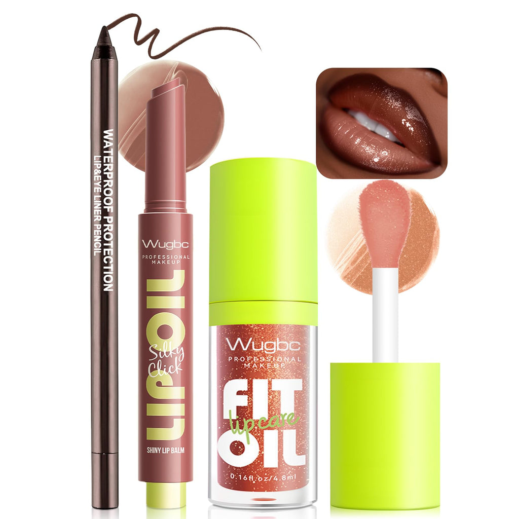 Wugbc Brown Lip Liner & Lip Gloss Set Moisturizing Lip Kit, Smooth Dark Brown Lip Liner Pencil Hydrating Lip Tint Non Sticky Click Lip Balm Lightweight Long Lasting Daily Lip Care for Women