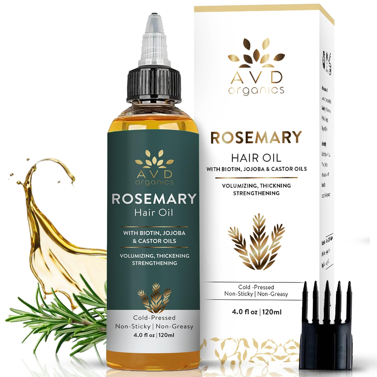 AVD ORGANICS Rosemary Oil for Hair Growth & scalp | Infused with Biotin | Hair Strengthening, Nourishing and Volumizing | infused with Jojoba & Castor Oil | NON - GMO 120ml