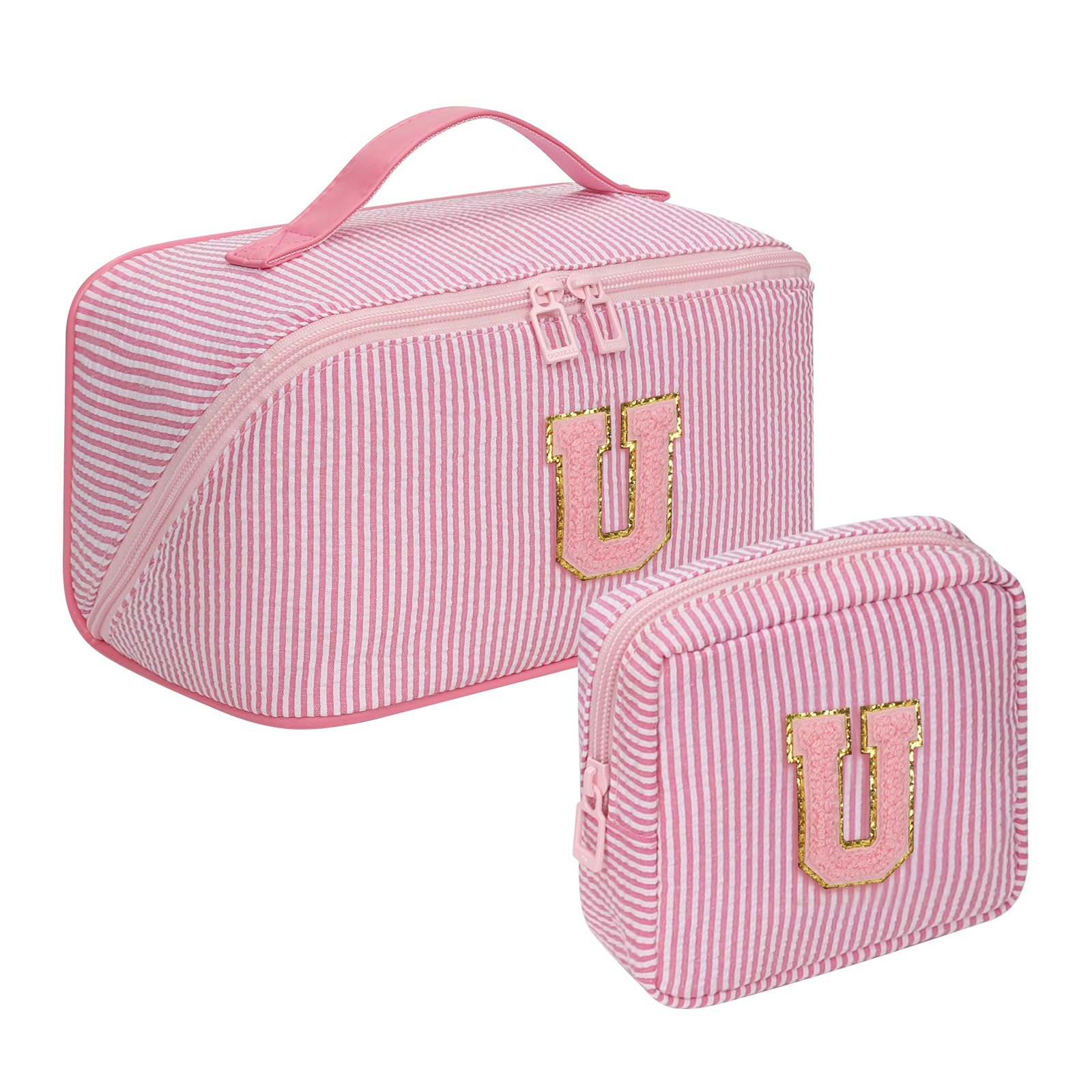 2026 Graduation Gifts - Travel Makeup Bag for Women, 2Pcs Portable Personalized Initial Makeup Organizer Bag, Open Flat Large Cosmetic Bag With Travel Essential Pouch (Pink Letter U)