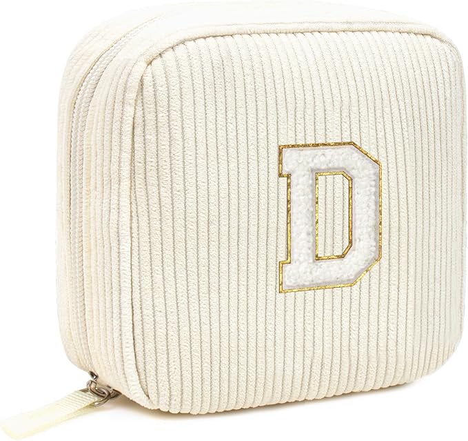 Cute Pink Initial Make Up Bag Travelling, Personalized Makeup Bag with Zipper Mini Makeup Pouch Travel Accessories Birthday Gift Friends Female Mom Teacher Sweet Gifts Daughter Gifts (Letter D, Beige)