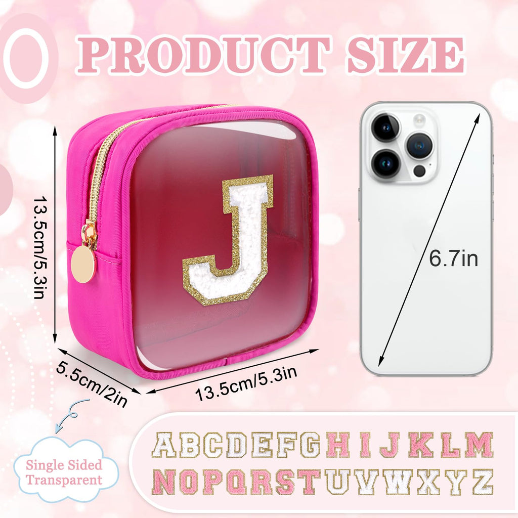 Mini Clear Personalized Initial Makeup Bag,Nylon Preppy A-Z Chenille Letter Patch Zipper Cosmetic Bag, Small Cute Beach Pouch Travel Purse Sanitary Napkin Storage Bag for Women Girls(Hot Pink-White J)