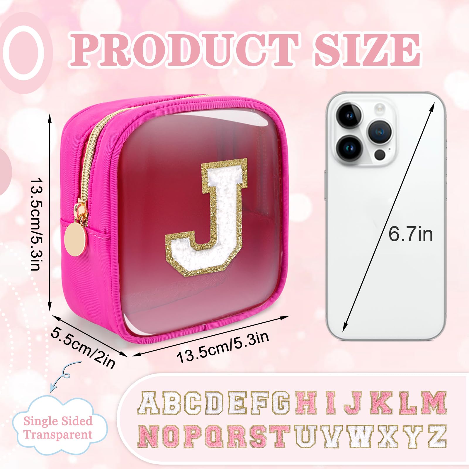 Mini Clear Personalized Initial Makeup Bag,Nylon Preppy A-Z Chenille Letter Patch Zipper Cosmetic Bag, Small Cute Beach Pouch Travel Purse Sanitary Napkin Storage Bag for Women Girls(Hot Pink-White J)