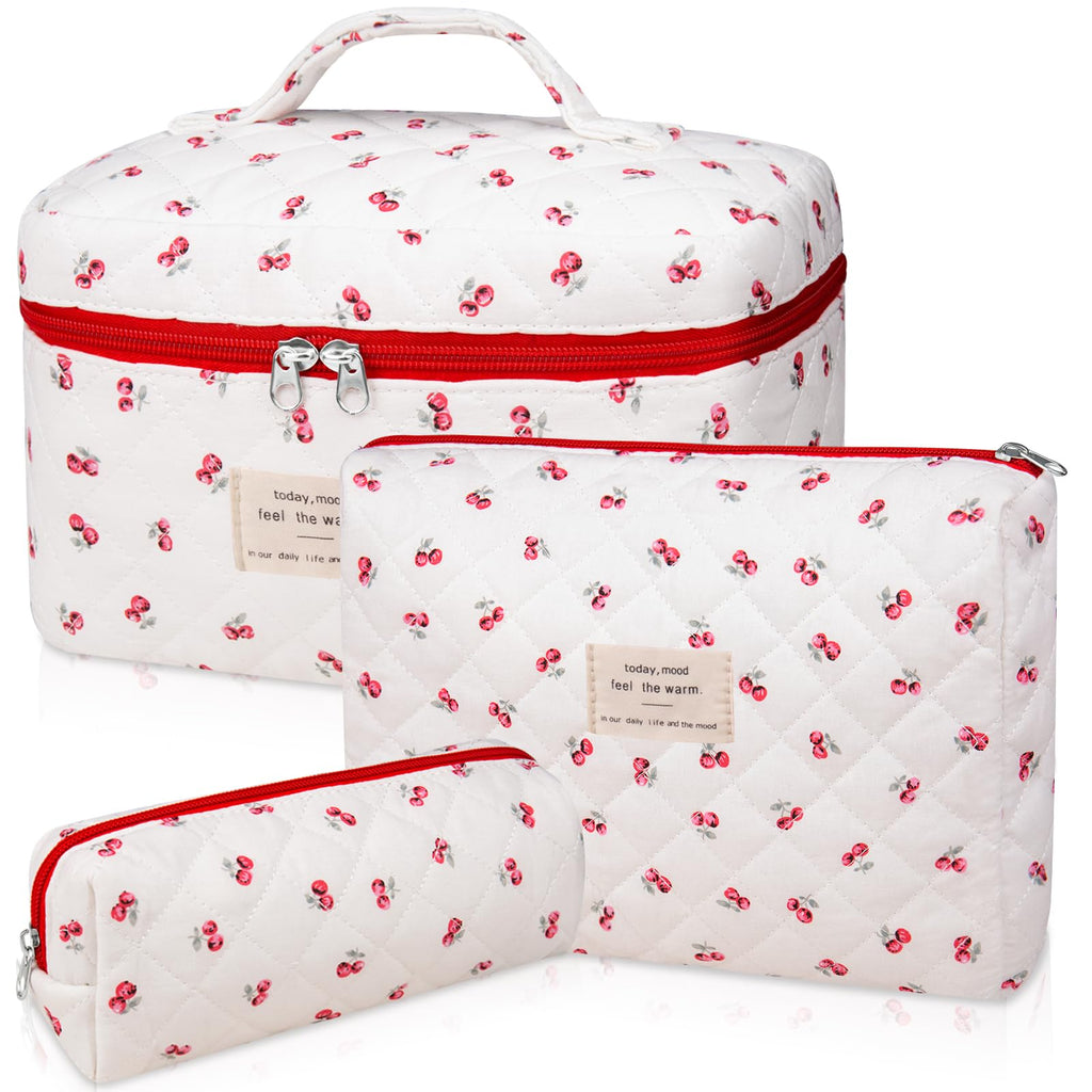 Gosect 3pc Makeup Bag Set, Quilted Makeup Bag Set, Large Floral Cosmetic Bag for Women, Cute Cotton Makeup Bags, Flower Travel Toiletry Organizer Bag (Pink Cherry Flowers)