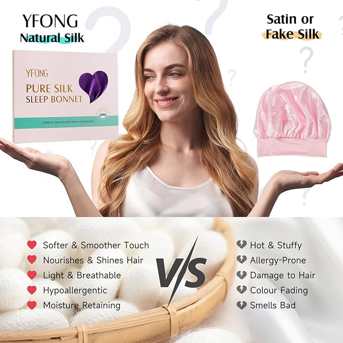 YFONG 100% Mulberry Silk Bonnet for Sleeping Women Men, Large Double Layer