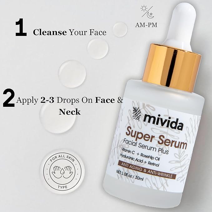 mivida 4-in-1 Anti-Aging Serum for face | Retinol, Vitamin C, Hyaluronic Acid & RoseHip Oil | multi benefit Face Serum – 1 Fl Oz