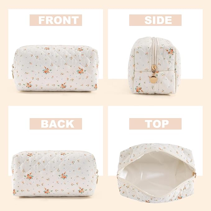 UUYUUY Makeup Bag Travel Toiletry Bag for Women, Small Cosmetic Bags Cute Quilted Cotton Makeup Pouch for Purse Emergency Bag Floral Pencil Case Accessory Bag, Orange Floral