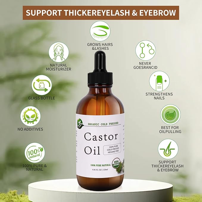 MAYLINK Castor Oil Organic Cold Pressed Unrefined Glass Bottle-Organic Certified 100% Pure Hexane Free,Organic Castor Oil for Face,Hair Growth,Eyelashes,Caster 4.23fl.oz/120ml